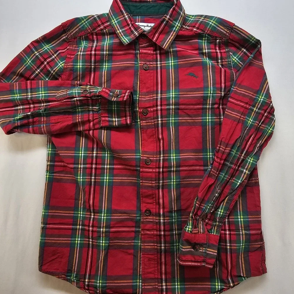 Tommy Bahama Red Green Plaid Shirt Poplin Boys‎ L Button Up Holiday Preppy